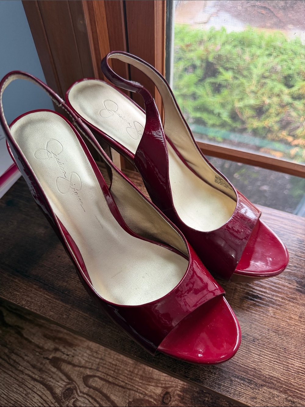 Jessica Simpson Burgundy Patent Slingback Peep-Toe Heels
